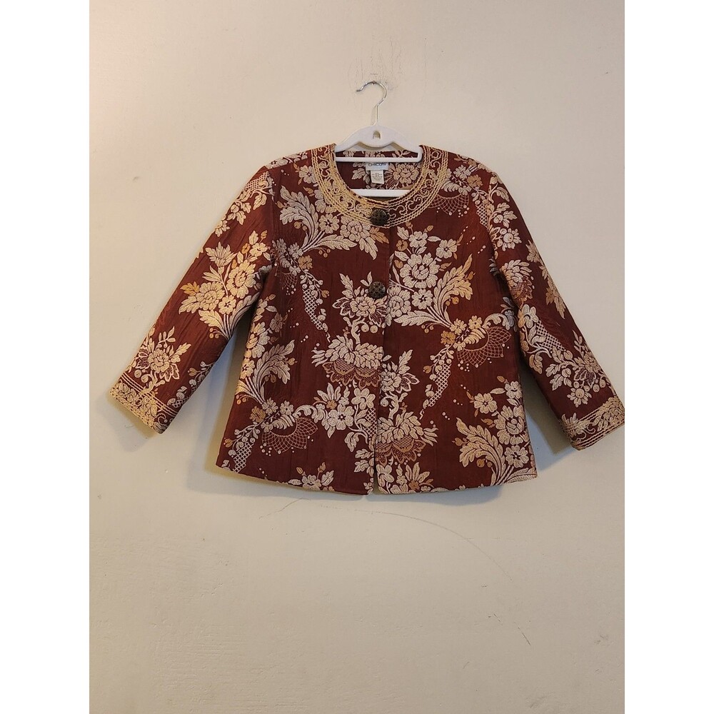 Chicos Embroidered Lined Jacket Womens Size 0(4) Maroon‎ Cream 3/4 Sleeve Short